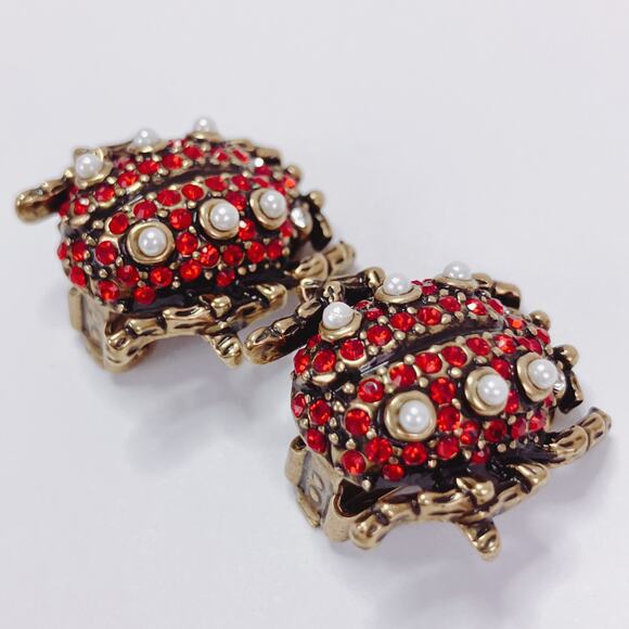 Signed Heidi Daus Ladybug Clip On Earrings Red White Rhinestone Vintage Whimsy - Picture 5 of 10